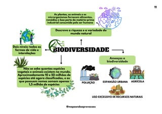BIODIVERSIDADE
Dois níveis: todas as
formas de vida e
interelações
Não se sabe quantas espécies
vegetais e animais existem no mundo.
Aproximadamente 10 e 50 milhões de
espécies até agora classificadas, e as
que possuem nomes somam apenas
1,5 milhão de espécies
Descreve a riqueza e a variedade do
mundo natural
Ameaças a
biodiversidade
POLUIÇÃO AGRÍCOLA
USO EXCESSIVO DE RECURSOS NATURAIS
EXPANSÃO URBANA
As plantas, os animais e os
microrganismos fornecem alimentos,
remédios e boa parte da matéria-prima
industrial consumida pelo ser humano
11
@mapeandoaprovacoes
 