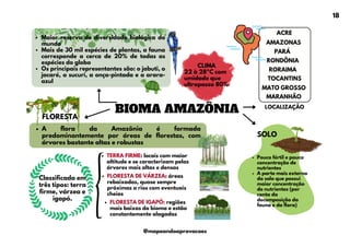 BIOMA AMAZÔNIA
FLORESTA
Maior reserva de diversidade biológica do
mundo
Mais de 30 mil espécies de plantas, a fauna
corresponde a cerca de 20% de todas as
espécies do globo
Os principais representantes são: o jabuti, o
jacaré, a sucuri, a onça-pintada e a arara-
azul
Pouco fértil e pouca
concentração de
nutrientes
A parte mais externa
do solo que possui
maior concentração
de nutrientes (por
conta da
decomposição da
fauna e da flora)
A flora da Amazônia é formada
predominantemente por áreas de florestas, com
árvores bastante altas e robustas
SOLO
LOCALIZAÇÃO
ACRE
AMAZONAS
PARÁ
RONDÔNIA
RORAIMA
TOCANTINS
MATO GROSSO
MARANHÃO
CLIMA
22 à 28ºC com
umidade que
ultrapassa 80%
Classificada em
três tipos: terra
firme, várzea e
igapó.
TERRA FIRME: locais com maior
altitude e se caracterizam pelas
árvores mais altas e densas
FLORESTA DE VÁRZEA: áreas
rebaixadas, quase sempre
próximas a rios com eventuais
cheias
FLORESTA DE IGAPÓ: regiões
mais baixas do bioma e estão
constantemente alagadas
18
@mapeandoaprovacoes
 