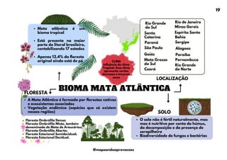 Mata atlântica é um
bioma tropical
Está presente na maior
parte do litoral brasileiro,
contabilizando 17 estados
Apenas 12,4% da floresta
original ainda está de pé
BIOMA MATA ATLÂNTICA
O solo não é fértil naturalmente, mas
mas é nutritivo por conta do húmus,
da decomposição e da presença de
serapilheira
Biodiversidade de fungos e bactérias
FLORESTA
A Mata Atlântica é formada por florestas nativas
e ecossistemas associados
Vegetação endêmica (espécies que só existem
nessas regiões) SOLO
LOCALIZAÇÃO
Rio Grande
do Sul
Santa
Catarina
Paraná
São Paulo
Goiás
Mato Grosso
do Sul
Rio de Janeiro
Minas Gerais
Espírito Santo
Bahia
Sergipe
Alagoas
Paraíba
Pernambuco
Rio Grande
do Norte
Ceará
Floresta Ombrófila Densa;
Floresta Ombrófila Mista, também
denominada de Mata de Araucárias;
Floresta Ombrófila Aberta;
Floresta Estacional Semidecidual;
Floresta Estacional Decidual.
CLIMA
Influência do clima
Tropical. Esse clima
apresenta verões
chuvosos e invernos
secos
19
@mapeandoaprovacoes
 