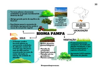 BIOMA PAMPA
Terrenos planos e levemente
ondulados na porção meridional da
América do Sul
Abriga grande parte do aquífero do
Guarani
Esse bioma possui o aumento de
atividades agropecuárias sendo a
causa da sua perda vegetal
Predominantemente
campestre, formada por
plantas herbáceas, o que
inclui as gramíneas, e
espécies arbustivas
Apresenta 1.623 espécies
diferentes de plantas
Quatro domínios
geomorfológicos:
Planalto da
campanha;
Depressão central;
Planalto sul-rio-
grandense;
Planície costeira
SOLO
O Pampa recobre
terrenos planos ou
suavemente ondulados
As altitudes variam do
nível do mar até pouco
mais de 400 metros,
encontrando terrenos de
maior elevação no
interior da unidade do
planalto
VEGETAÇÃO
LOCALIZAÇÃO
SUL DO RIO
GRANDE DO
SUL
CLIMA
É o subtropical,
que dispõe das
mesmas
características do
temperado úmido
22
@mapeandoaprovacoes
 