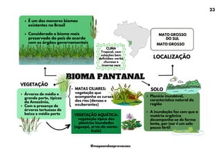 BIOMA PANTANAL
É um dos menores biomas
existentes no Brasil
Considerado o bioma mais
preservado do país de acordo
com os órgãos governamentais
Planície inundável,
característica natural da
região
A inundação faz com que a
matéria orgânica
decomponha-se de forma
lenta, por isso é um solo
pouco fértil
VEGETAÇÃO
Árvores de médio e
grande porte, típicas
da Amazônia,
Com a presença de
árvores tortuosas de
baixo e médio porte
SOLO
LOCALIZAÇÃO
MATO GROSSO
MATO GROSSO
DO SUL
CLIMA
Tropical, com
estações bem
definidas: verão
chuvoso e
inverno seco
MATAS CILIARES:
vegetação que
acompanha os cursos
dos rios (densas e
exuberantes)
VEGETAÇÃO AQUÁTICA:
vegetação típica das
planícies inundadas
(aguapé, erva-de-santa-
luzia)
23
@mapeandoaprovacoes
 