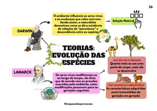 TEORIAS:
EVOLUÇÃO DAS
ESPÉCIES
LAMARCK
DARWIN
O ambiente influencia os seres vivos
e as mudanças que neles ocorrem.
Sendo assim, o naturalista
denominou como se dá a existência
de relações de “parentesco” e
descendência entre as espécies
Os seres vivos modificavam-se
ao longo do tempo, ele dizia
que de acordo com as pressões
exercidas pelo ambiente, estas
modificações passavam para as
gerações seguintes
Seleção Natural
-Lei de uso e desuso:
Quanto mais se usa uma
parte do corpo, mais ela
se desenvolve
-Lei caracteres adquiridos:
As características adquiridas
eram transmitidas de
geração em geração
26
@mapeandoaprovacoes
 