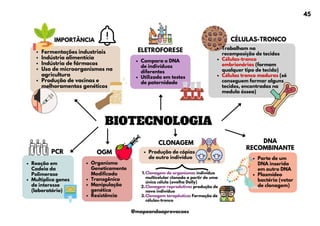 BIOTECNOLOGIA
Compara o DNA
de indivíduos
diferentes
Utilizado em testes
de paternidade
IMPORTÂNCIA
Reação em
Cadeia da
Polimerase
Multiplica genes
de interesse
(laboratório)
Organismo
Geneticamente
Modificado
Transgênico
Manipulação
genética
Resistência
ELETROFORESE Trabalham na
recomposição de tecidos
Células-tronco
embrionárias (formam
qualquer tipo de tecido)
Células tronco maduras (só
conseguem formar alguns
tecidos, encontradas na
medula óssea)
CÉLULAS-TRONCO
PCR OGM
CLONAGEM
Produção de cópias
de outro indivíduo
Fermentações industriais
Indústria alimentícia
Indústria de fármacos
Uso de microorganismos na
agricultura
Produção de vacinas e
melhoramentos genéticos
Clonagem de organismo: indivíduo
multicelular clonado a partir de uma
única célula (ovelha Dolly)
1.
Clonagem reprodutiva: produção de
novo indivíduo
2.
Clonagem terapêutica: Formação de
células-tronco
3.
DNA
RECOMBINANTE
Parte de um
DNA inserida
em outro DNA
Plasmídeo
bactéria (vetor
de clonagem)
45
@mapeandoaprovacoes
 