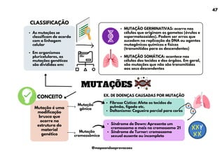 Fibrose Cística: Afeta os tecidos do
pulmão, fígado etc.
Daltonismo: Cegueira parcial para cores
Síndrome de Down: Apresenta um
cromossomo a mais no cromossomo 21
Síndrome de Turner: cromossomo
sexual ausente ou incompleto
Mutação
gênica
MUTAÇÕES
CONCEITO
MUTAÇÃO GERMINATIVAS: ocorre nas
células que originam os gametas (óvulos e
espermatozoides). Podem ser erros que
sucedem na replicação do DNA ou agentes
mutagênicos químicos e físicos
(transmitidos para os descendentes)
MUTAÇÃO SOMÁTICA: acontece nas
células dos tecidos e dos órgãos. Em geral,
são mutações que não são transmitidas
aos seus descendentes
Mutação é uma
modificação
brusca que
ocorre na
estrutura do
material
genético
CLASSIFICAÇÃO
As mutações se
classificam de acordo
com a linhagem
celular
Em organismos
pluricelulares, as
mutações genéticas
são divididas em:
EX. DE DOENÇAS CAUSADAS POR MUTAÇÃO
Mutação
cromossômica
47
@mapeandoaprovacoes
 