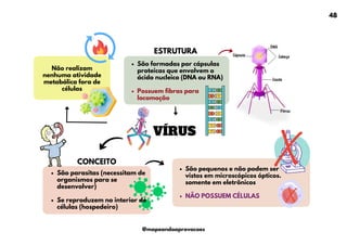 VÍRUS
São pequenos e não podem ser
vistos em microscópicos ópticos.
somente em eletrônicos
NÃO POSSUEM CÉLULAS
CONCEITO
São parasitas (necessitam de
organismos para se
desenvolver)
Se reproduzem no interior de
células (hospedeiro)
Não realizam
nenhuma atividade
metabólica fora de
células
São formadas por cápsulas
proteicas que envolvem o
ácido nucleico (DNA ou RNA)
Possuem fibras para
locomoção
ESTRUTURA
48
@mapeandoaprovacoes
 