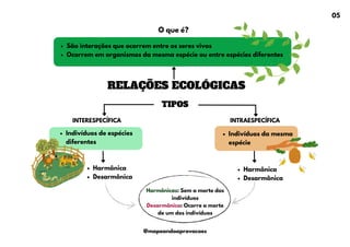 RELAÇÕES ECOLÓGICAS
TIPOS
São interações que ocorrem entre os seres vivos
Ocorrem em organismos da mesma espécie ou entre espécies diferentes
Indivíduos da mesma
espécie
Indivíduos de espécies
diferentes
O que é?
INTERESPECÍFICA INTRAESPECÍFICA
Harmônicas: Sem a morte dos
indivíduos
Desarmônica: Ocorre a morte
de um dos indivíduos
Harmônica
Desarmônica
Harmônica
Desarmônica
05
@mapeandoaprovacoes
 