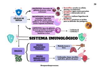 SISTEMA IMUNOLÓGICO
ÓRGÃOS
LEUCÓCITOS: chamados de
glóbulos brancos, criam
anticorpos
ORGÃO
IMNUNITÁRIO
PRIMÁRIO
Linfonodos, baço, tonsilas,
apêndice, placas de peyer
CÉLULAS DE
DEFESA
LINFÓCITOS: tipos de glóbulos
brancos presentes no sangue,
reconhecem e destroem
bactérias e vírus
MACRÓFAGOS: derivados de
monócitos, fagocitam
partículas, como restos
celulares, ou microrganismos
(inicia resposta imunitária)
Neutrófilos: envolve as células
doentes e as destroem
Eosinófilos: agem contra parasitas
Basófilos: relacionado com as
alergias
Fagócitos: realizam fagocitose de
patógenos
Monócitos: penetram os tecidos
para os defender dos patógenos
Linfócitos B
Linfócitos T
ORGÃO
IMNUNITÁRIO
SECUNDÁRIO
Medula óssea e
timo
79
@mapeandoaprovacoes
 