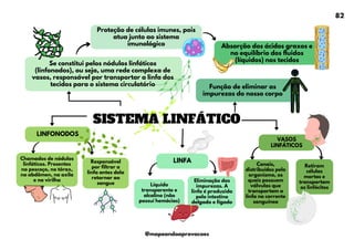 SISTEMA LINFÁTICO
LINFONODOS
Proteção de células imunes, pois
atua junto ao sistema
imunológico
Se constitui pelos nódulos linfáticos
(linfonodos), ou seja, uma rede complexa de
vasos, responsável por transportar a linfa dos
tecidos para o sistema circulatório
Absorção dos ácidos graxos e
no equilíbrio dos fluidos
(líquidos) nos tecidos
Função de eliminar as
impurezas do nosso corpo
Chamados de nódulos
linfáticos. Presentes
no pescoço, no tórax,
no abdômen, na axila
e na virilha
LINFA
Líquido
transparente e
alcalino (não
possuí hemácias)
Eliminação das
impurezas. A
linfa é produzida
pelo intestino
delgado e fígado
VASOS
LINFÁTICOS
Canais,
distribuídos pelo
organismo, os
quais possuem
válvulas que
transportam a
linfa na corrente
sanguínea
Retiram
células
mortas e
transportam
os linfócitos
Responsável
por filtrar a
linfa antes dela
retornar ao
sangue
82
@mapeandoaprovacoes
 