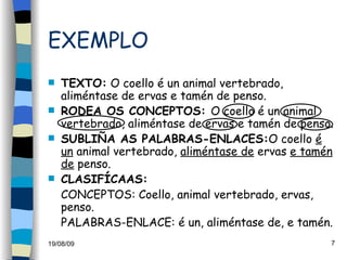 EXEMPLO TEXTO:  O coello é un animal vertebrado, aliméntase de ervas e tamén de penso. RODEA OS CONCEPTOS:  O coello é un animal vertebrado, aliméntase de ervas e tamén de penso. SUBLIÑA AS PALABRAS-ENLACES: O coello  é   un  animal vertebrado,  aliméntase de  ervas  e tamén   de  penso. CLASIFÍCAAS:  CONCEPTOS: Coello, animal vertebrado, ervas, penso. PALABRAS-ENLACE: é un, aliméntase de, e tamén. 