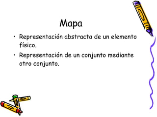 Mapa Representación abstracta de un elemento físico. Representación de un conjunto mediante otro conjunto. 