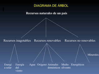 DIAGRAMA DE ÁRBOL  Minerales Recursos naturales de un país Recursos inagotables Recursos renovables Recursos no renovables...
