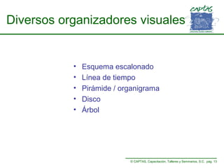 Diversos organizadores visuales

•
•
•
•
•

Esquema escalonado
Línea de tiempo
Pirámide / organigrama
Disco
Árbol

© CAPTAS, Capacitación, Talleres y Seminarios, S.C. pág. 13

 