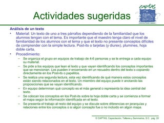 Actividades sugeridas
Análisis de un texto
• Material: Un texto de uno a tres párrafos dependiendo de la familiaridad que los
alumnos tengan con el tema. Es importante que el maestro tenga claro el nivel de
familiaridad de los alumnos con el tema y que el texto no presente conceptos difíciles
de comprender con la simple lectura. Post-its o tarjetas (y diurex), plumines, hoja
doble carta.
• Procedimiento:
–
–
–
–
–
–

Se organiza el grupo en equipos de trabajo de 4-6 personas y se le entrega a cada equipo
su material.
Se pide a los equipos que lean el texto y que vayan identificando los conceptos importantes
que se mencionan. Los pueden ir encerrando en un recuadro dentro del texto o copiando
directamente en los Post-its o papelitos.
Se realiza una segunda lectura, esta vez identificando de qué manera estos conceptos
están siendo relacionados en el texto. Un miembro del equipo puede ir anotando las
proposiciones que se vayan identificando.
En equipo determinan qué concepto es el más general o representa la idea central del
texto.
Se colocan los conceptos en los Post-its sobre la hoja doble carta y se comienza a formar
el mapa según la información identificada en el texto.
Se presenta el trabajo al resto del equipo y se discute sobre diferencias en jerarquías y
relaciones entre los conceptos o si algún concepto fue o no incluido en algún mapa.
© CAPTAS, Capacitación, Talleres y Seminarios, S.C. pág. 20

 