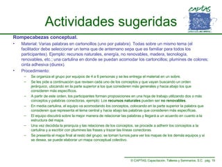 Actividades sugeridas Rompecabezas conceptual.   Material: Varias palabras en cartoncillos (uno por palabra). Todas sobre un mismo tema (el facilitador debe seleccionar un tema que de antemano sepa que es familiar para todos los participantes). Ejemplo: recursos naturales, energía, no renovables, madera, tecnología, renovables, etc.; una cartulina en donde se puedan acomodar los cartoncillos; plumines de colores; cinta adhesiva (diurex). Procedimiento:  Se organiza el grupo por equipos de 4 a 6 personas y se les entrega el material en un sobre. Se les pide a continuación que revisen cada uno de los conceptos y que vayan buscando un orden jerárquico, ubicando en la parte superior a los que consideren más generales y hacia abajo los que consideren más específicos. A partir de este orden, los participantes forman proposiciones en una hoja de trabajo utilizando dos o más conceptos y palabras conectoras, ejemplo: Los  recursos naturales  pueden ser  no   renovables .  En media cartulina, el equipo va acomodando los conceptos, colocando en la parte superior la palabra que consideren que representa el tema central y hacia abajo las palabras que consideren más específicas. El equipo discutirá sobre la mejor manera de relacionar las palabras y llegará a un acuerdo en cuanto a la estructura del mapa. Una vez decidida la jerarquía y las relaciones de los conceptos, se procede a adherir los conceptos a la cartulina y a escribir con plumines las frases y trazar las líneas conectoras. Se presenta el mapa final al resto del grupo; se toman turnos para ver los mapas de los demás equipos y si se desea, se puede elaborar un mapa conceptual colectivo. 