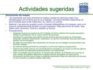 Actividades sugeridas Generación de mapas Es importante que esta actividad se realice cuando los alumnos estén muy familiarizados con el tema que se va a trabajar. Conviene también seleccionar un tema limitado para evitar dispersión. Ej. Qué es un cuento. Material: Los alumnos pueden acudir a fuentes bibliográficas si lo desean, pero si el tema es suficientemente familiar no será necesario. Hoja para lluvia de ideas, hoja doble carta, plumines, Post-its o tarjetas (y diurex). Procedimiento: Organizar el grupo en equipos de 4-6 ó trabajar en forma colectiva (los equipos pequeños facilitan la participación de un mayor número de alumnos). Identificar los conceptos clave dentro de ese dominio del conocimiento (ej. Personajes, desarrollo, conflicto, ambientación, desenlace). Un alumno va tomando nota para que todos puedan ver los conceptos. Se eligen los conceptos más importantes con los que se va a trabajar y se transcriben a los Post-its o tarjetas. Se ordenan jerárquicamente los conceptos y se formulan algunas proposiciones. Sobre la hoja doble carta se van acomodando los conceptos y en equipo se discute sobre la mejor manera de organizarlos jerárquicamente y de relacionarlos. Nota: Es probable que los alumnos, si conocen bien el tema, se enfrenten con que hay un gran número de posibles relaciones cruzadas entre los conceptos, de modo que es conveniente recordar que el mapa no pretende representar todas las relaciones sino las que en ese momento y contexto resultan relevantes. 