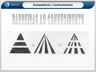 BARREIRAS AO CONHECIMENTO Competência / Conhecimento Barreiras Hierárquicas Barreiras Funcionais Ilhas Isoladas de Conhecimento 
