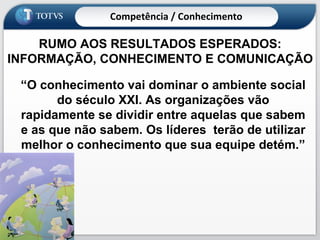 RUMO AOS RESULTADOS ESPERADOS: INFORMAÇÃO, CONHECIMENTO E COMUNICAÇÃO “ O conhecimento vai dominar o ambiente social do século XXI. As organizações vão rapidamente se dividir entre aquelas que sabem e as que não sabem. Os líderes  terão de utilizar melhor o conhecimento que sua equipe detém.” Competência / Conhecimento 