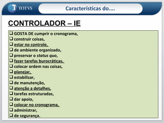 Características do.... CONTROLADOR – IE Toma providências,  estabelece procedimentos , faz acontecer, é confiável,  organiza , é arrumado, pontual,  planeja . GOSTA DE cumprir o cronograma,  construir coisas,  estar no controle,  de ambiente organizado,  preservar o  status quo ,  fazer tarefas burocráticas,  colocar ordem nas coisas, planejar,  estabilizar,  de manutenção,  atenção a detalhes,   tarefas estruturadas,  dar apoio,  colocar no cronograma,  administrar,  de segurança. 