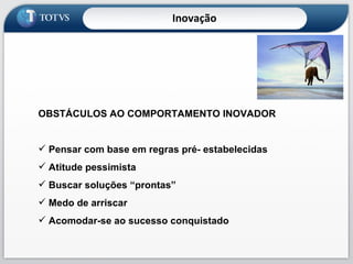 OBSTÁCULOS AO COMPORTAMENTO INOVADOR Pensar com base em regras pré- estabelecidas Atitude pessimista Buscar soluções “prontas” Medo de arriscar Acomodar-se ao sucesso conquistado Inovação 