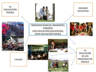 LA
EDUCACCIÓN
POSIBLE

EQUIDAD
EDUCATIVA

INDÍGENAS RURALES, MIGRANTES,
URBANOS:
UNA EDUCACIÓN EQUIVOCADA,
OTRA EDUCACIÓN POSIBLE

CAUSAS

LA
EDUCACIÓN
DE LOS
INDIGENAS EN
MEXICO

 