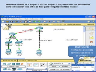 Realizamos un telnet de la maquina o Pc0 a la maquina o Pc3 y verificamos que efectivamente
existe comunicación entre ambas es decir que la configuración estática funciono




                                                                          Efectivamente
                                                                      verificamos que existe
                                                                      comunicación entre la
                                                                           pc 0 y la pc 3
 