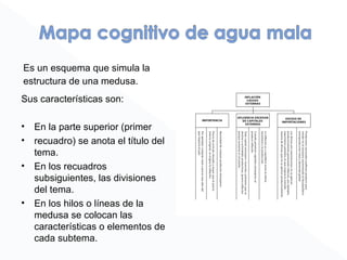 Es un esquema que simula la
estructura de una medusa.
Sus características son:
• En la parte superior (primer
• recuadro) se anota el título del
tema.
• En los recuadros
subsiguientes, las divisiones
del tema.
• En los hilos o líneas de la
medusa se colocan las
características o elementos de
cada subtema.
 