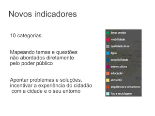 Novos indicadores 10 categorias   Mapeando temas e questões não abordados diretamente pelo poder público Apontar problemas e soluções,  incentivar a experiência do cidadão   com a cidade e o seu entorno 
