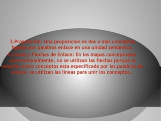 3.Proposición: Una proposición es dos o más conceptos
     ligados por palabras enlace en una unidad semántica.
  4.Líneas y Flechas de Enlace: En los mapas conceptuales
   convencionalmente, no se utilizan las flechas porque la
relación entre conceptos esta especificada por las palabras de
     enlace, se utilizan las líneas para unir los conceptos..
 