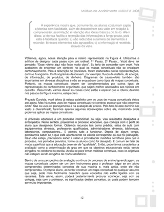 Módulo de Acolhimento UAB/UFJF 2008



             A experiência mostra que, comumente, os alunos costumam captar
        a técnica com facilidade, além de descobrirem seu valor em relação à
      compreensão, assimilação e retenção das idéias básicas do texto. Além
       disso, a técnica facilita a retenção das informações a longo prazo, pois
         esta é facilitada quando: a) são reduzidos o número de elementos a
      recordar; b) esses elementos são agrupados; c) a informação é recebida
                                     através da vista.


Voltemos, agora, nossa atenção para o roteiro representado na Figura 4. Utilizamos o
artifício de designar cada passo com um ordinal: 1º Passo, 2º Passo... Você deve ter
pensado: "Esse roteiro aqui não ficou muito claro". Eu teria de concordar com você. Pois
acabamos de encontrar um contexto no qual os mapas conceituais não se encaixam
confortavelmente. Para a descrição de processos, foram elaboradas outras representações,
como o fluxograma. Os fluxogramas descrevem, por exemplo, fluxos de matéria, de energia,
de informação, de produtos, de dinheiro. Diagramas de causa-efeito também são
importantes em diversas disciplinas e não se enquadram como tipos de mapas conceituais.
Portanto, os mapas conceituais devem ser complementados por outros tipos de
representação do conhecimento organizado, que sejam melhor adequados aos tópicos em
questão. Resumindo, vamos deixar as coisas como estão e esperar que o roteiro, descrito
nos passos da Figura 4 acima, esteja claro.

Prezado Cursista, você talvez já esteja satisfeito com os usos de mapas conceituais vistos
até agora. Mas há outros usos de mapas conceituais no contexto escolar que não podemos
omitir. São os usos no planejamento e na avaliação de ensino. Pelo fato de este domínio ser
vasto e diversificado, faremos apenas algumas observações sobre ele, mostrando onde
podemos aplicar os mapas conceituais.

O processo educativo é um processo intencional, ou seja, visa resultados desejados e
antecipados. Neste sentido, projetamos o processo educativo, que começa com o perfil do
aluno que desejamos formar. Obtemos recursos tais como prédios, salas de aula com
equipamentos diversos, professores qualificados, administradores diversos, bibliotecas,
laboratórios, computadores... E pomos tudo a funcionar. Depois de algum tempo,
precisamos saber se o que está acontecendo na escola corresponde ao que foi planejado.
Caso não esteja, precisamos saber a razão e providenciar medidas corretivas para que o
processo, nos períodos previstos, forme os alunos como foi desejado. É comum se falar de
modo superficial que a educação deve ser de "qualidade". Então, poderíamos caracterizar a
avaliação como a determinação do grau em que os objetivos educacionais estão sendo
atingidos no cotidiano da escola. Avalia-se para tomar medidas corretivas, caso os objetivos
não estejam sendo atingidos de modo satisfatório.

Dentro de uma perspectiva de avaliação contínua do processo de ensino/aprendizagem, os
mapas conceituais podem ser um bom instrumento para o professor julgar se um aluno
compreendeu determinados conceitos de sua matéria e, mais ainda, onde ele não
compreendeu. O próprio aluno, ao tentar construir um mapa conceitual de qualquer assunto
que seja, pode mais facilmente descobrir quais conceitos não estão ligados com os
restantes. Este aluno, assim, poderá posteriormente procurar conhecer, seja com os
colegas, seja com o professor, os significados destes conceitos, os quais podem também
ser muito importantes.




                                            12
 