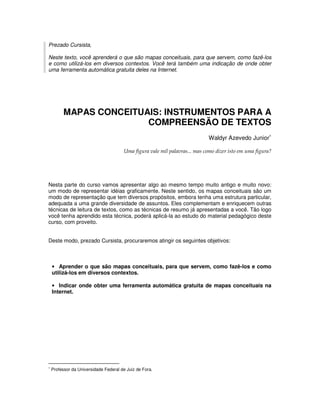 Prezado Cursista,

Neste texto, você aprenderá o que são mapas conceituais, para que servem, como fazê-los
e como utilizá-los em diversos contextos. Você terá também uma indicação de onde obter
uma ferramenta automática gratuita deles na Internet.




          MAPAS CONCEITUAIS: INSTRUMENTOS PARA A
                         COMPREENSÃO DE TEXTOS
                                                                            Waldyr Azevedo Junior∗

                                       Uma figura vale mil palavras... mas como dizer isto em uma figura?




Nesta parte do curso vamos apresentar algo ao mesmo tempo muito antigo e muito novo:
um modo de representar idéias graficamente. Neste sentido, os mapas conceituais são um
modo de representação que tem diversos propósitos, embora tenha uma estrutura particular,
adequada a uma grande diversidade de assuntos. Eles complementam e enriquecem outras
técnicas de leitura de textos, como as técnicas de resumo já apresentadas a você. Tão logo
você tenha aprendido esta técnica, poderá aplicá-la ao estudo do material pedagógico deste
curso, com proveito.


Deste modo, prezado Cursista, procuraremos atingir os seguintes objetivos:



    • Aprender o que são mapas conceituais, para que servem, como fazê-los e como
    utilizá-los em diversos contextos.

    • Indicar onde obter uma ferramenta automática gratuita de mapas conceituais na
    Internet.




∗
    Professor da Universidade Federal de Juiz de Fora.
 