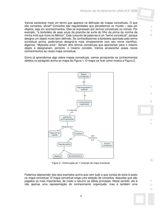 Módulo de Acolhimento UAB/UFJF 2008


Vamos esclarecer mais um termo que aparece na definição de mapas conceituais. O que
são conceitos, afinal? Conceitos são regularidades que percebemos no mundo – seja em
objetos, seja em acontecimentos. Eles se expressam por termos conceituais ou nomes. Por
exemplo, "a borboleta de asas azuis da prancha de surfe do filho da prima da vizinha da
minha irmã que mora no México". Este conjunto de palavras é um "termo conceitual", porque
designa um objeto muito bem definido. Se conhecêssemos a borboleta apontada pelo termo
conceitual acima, poderíamos designá-la mais simplesmente com seu nome científico,
digamos, "Myscelia orsis". Seriam dois termos conceituais que apontariam para o mesmo
objeto e designariam, portanto, o mesmo conceito. Vamos acrescentar esses novos
conhecimentos ao nosso mapa conceitual.

Como já aprendemos algo sobre mapas conceituais, vamos acrescentar os conhecimentos
obtidos no parágrafo acima ao mapa da Figura 1. O mapa vai ficar como mostra a Figura 2.




                     Figura 2 - Continuação do 1º exemplo de mapa conceitual




Podemos depreender dos dois exemplos acima que nem tudo o que consta do texto é posto
no mapa conceitual. O mapa conceitual exige uma seleção de conceitos, daqueles que são
julgados os mais importantes, de modo a resumir as idéias principais. Neste sentido, ele é
não apenas uma representação do conhecimento organizado, mas é também uma



                                               4
 