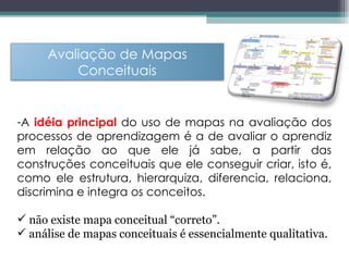 A  idéia principal  do uso de mapas na avaliação dos processos de aprendizagem é a de avaliar o aprendiz em relação ao que ele já sabe, a partir das construções conceituais que ele conseguir criar, isto é, como ele estrutura, hierarquiza, diferencia, relaciona, discrimina e integra os conceitos. não existe mapa conceitual “correto”. análise de mapas conceituais é essencialmente qualitativa. Avaliação de Mapas Conceituais 