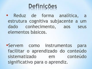 • Reduz de forma analítica, a
estrutura cognitiva subjacente a um
dado conhecimento, aos seus
elementos básicos.
•Servem como instrumentos para
facilitar o aprendizado do conteúdo
sistematizado em conteúdo
significativo para o aprendiz.
 