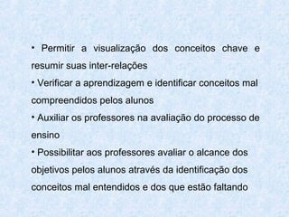 • Permitir a visualização dos conceitos chave e
resumir suas inter-relações
• Verificar a aprendizagem e identificar conceitos mal
compreendidos pelos alunos
• Auxiliar os professores na avaliação do processo de
ensino
• Possibilitar aos professores avaliar o alcance dos
objetivos pelos alunos através da identificação dos
conceitos mal entendidos e dos que estão faltando

 