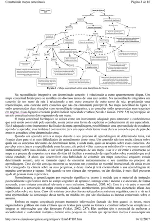 Construindo mapas conceituais

Página 3 de 15

Figura 1 - Mapa conceitual sobre uma disciplina de Física.

Na reconciliação integrativa um determinado conceito é relacionado a outro aparentemente díspar. Um
mapa conceitual hierárquico se ramifica em diversos ramos de uma raiz central. Na reconciliação integrativa um
conceito de um ramo da raiz é relacionado a um outro conceito de outro ramo da raiz, propiciando uma
reconciliação, uma conexão entre conceitos que não era claramente perceptível. No mapa conceitual da figura 1
estão apresentadas duas situações com reconciliação integrativa, e as conexões estão apresentadas num tracejado
em negrito. Essas ligações cruzadas podem indicar capacidade criativa (Novak e Gowin, 1999: 52) na percepção de
um elo conceitual entre dois segmentos de um mapa.
O mapa conceitual hierárquico se coloca como um instrumento adequado para estruturar o conhecimento
que está sendo construído pelo aprendiz, assim como uma forma de explicitar o conhecimento de um especialista.
Ele é adequado como instrumento facilitador da meta-aprendizagem, possibilitando uma oportunidade do estudante
aprender a aprender, mas também é conveniente para um especialista tornar mais clara as conexões que ele percebe
entre os conceitos sobre determinado tema.
Quando um aprendiz utiliza o mapa durante o seu processo de aprendizagem de determinado tema, vai
ficando claro para si as suas dificuldades de entendimento desse tema. Um aprendiz não tem muita clareza sobre
quais são os conceitos relevantes de determinado tema, e ainda mais, quais as relações sobre esses conceitos. Ao
perceber com clareza e especificidade essas lacunas, ele poderá voltar a procurar subsídios (livro ou outro material
instrucional) sobre suas dúvidas, e daí voltar para a construção de seu mapa. Esse ir e vir entre a construção do
mapa e a procura de respostas para suas dúvidas irá facilitar a construção de significados sobre conteúdo que está
sendo estudado. O aluno que desenvolver essa habilidade de construir seu mapa conceitual enquanto estuda
determinado assunto, está se tornando capaz de encontrar autonomamente o seu caminho no processo de
aprendizagem. Caso ele não consiga encontrar as respostas nas consultas ao material instrucional, ele ainda assim
terá conseguido ter clareza sobre as suas perguntas, e desse modo já terá encaminhado a sua aprendizagem de
maneira conveniente e segura. Pois quando se tem clareza das perguntas, ou das dúvidas, é mais fácil procurar
ajuda de pessoas mais experientes.
Normalmente, a aprendizagem por recepção significativa ocorre à medida que o material de instrução
potencialmente significativo entra no campo cognitivo do aprendiz, interage com o mesmo e é ancorado, de forma
adequada, a um sistema conceitual relevante e mais inclusivo. (Ausubel, 2003: 60). Esse ir e vir entre o material
instrucional e a construção do mapa conceitual, colocado anteriormente, possibilita uma elaboração eficaz dos
significados sobre um tema. Caso não existam conceitos âncora adequados na estrutura cognitiva, esse ir e vir será
uma oportunidade da consecução dessa tarefa, na medida em que são elucidadas as lacunas conceituais sobre o
assunto.
Embora os mapas conceituais possam transmitir informações factuais tão bem quanto os textos, esses
organizadores gráficos são mais efetivos que os textos para ajudar os leitores a construir inferências complexas e
integrar as informações que eles fornecem (Vekiri, 2002: 287). Eles também têm o potencial de melhorar a
acessibilidade e usabilidade materiais durante uma pesquisa na medida que apresentam marcas visuais-espaciais

http://www.cienciasecognicao.org/artigos/v12/m347187.htm

14/12/2007

 