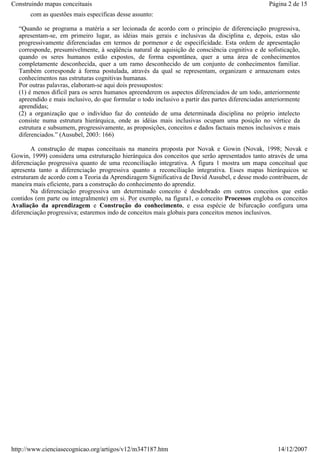 Construindo mapas conceituais

Página 2 de 15

com as questões mais específicas desse assunto:
“Quando se programa a matéria a ser lecionada de acordo com o princípio de diferenciação progressiva,
apresentam-se, em primeiro lugar, as idéias mais gerais e inclusivas da disciplina e, depois, estas são
progressivamente diferenciadas em termos de pormenor e de especificidade. Esta ordem de apresentação
corresponde, presumivelmente, à seqüência natural de aquisição de consciência cognitiva e de sofisticação,
quando os seres humanos estão expostos, de forma espontânea, quer a uma área de conhecimentos
completamente desconhecida, quer a um ramo desconhecido de um conjunto de conhecimentos familiar.
Também corresponde à forma postulada, através da qual se representam, organizam e armazenam estes
conhecimentos nas estruturas cognitivas humanas.
Por outras palavras, elaboram-se aqui dois pressupostos:
(1) é menos difícil para os seres humanos apreenderem os aspectos diferenciados de um todo, anteriormente
apreendido e mais inclusivo, do que formular o todo inclusivo a partir das partes diferenciadas anteriormente
aprendidas;
(2) a organização que o indivíduo faz do conteúdo de uma determinada disciplina no próprio intelecto
consiste numa estrutura hierárquica, onde as idéias mais inclusivas ocupam uma posição no vértice da
estrutura e subsumem, progressivamente, as proposições, conceitos e dados factuais menos inclusivos e mais
diferenciados.” (Ausubel, 2003: 166)
A construção de mapas conceituais na maneira proposta por Novak e Gowin (Novak, 1998; Novak e
Gowin, 1999) considera uma estruturação hierárquica dos conceitos que serão apresentados tanto através de uma
diferenciação progressiva quanto de uma reconciliação integrativa. A figura 1 mostra um mapa conceitual que
apresenta tanto a diferenciação progressiva quanto a reconciliação integrativa. Esses mapas hierárquicos se
estruturam de acordo com a Teoria da Aprendizagem Significativa de David Ausubel, e desse modo contribuem, de
maneira mais eficiente, para a construção do conhecimento do aprendiz.
Na diferenciação progressiva um determinado conceito é desdobrado em outros conceitos que estão
contidos (em parte ou integralmente) em si. Por exemplo, na figura1, o conceito Processos engloba os conceitos
Avaliação da aprendizagem e Construção do conhecimento, e essa espécie de bifurcação configura uma
diferenciação progressiva; estaremos indo de conceitos mais globais para conceitos menos inclusivos.

http://www.cienciasecognicao.org/artigos/v12/m347187.htm

14/12/2007

 