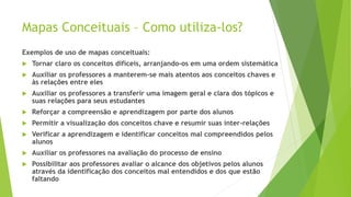 Mapas Conceituais – Como utiliza-los?
Exemplos de uso de mapas conceituais:
 Tornar claro os conceitos difíceis, arranjando-os em uma ordem sistemática
 Auxiliar os professores a manterem-se mais atentos aos conceitos chaves e
às relações entre eles
 Auxiliar os professores a transferir uma imagem geral e clara dos tópicos e
suas relações para seus estudantes
 Reforçar a compreensão e aprendizagem por parte dos alunos
 Permitir a visualização dos conceitos chave e resumir suas inter-relações
 Verificar a aprendizagem e identificar conceitos mal compreendidos pelos
alunos
 Auxiliar os professores na avaliação do processo de ensino
 Possibilitar aos professores avaliar o alcance dos objetivos pelos alunos
através da identificação dos conceitos mal entendidos e dos que estão
faltando
 