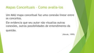 Mapas Conceituais – Como avalia-los
Um MAU mapa conceitual faz uma conexão linear entre
os conceitos.
Ele evidencia que seu autor não visualiza outras
conexões, outras possibilidades de entendimento da
questão.
(Novak, 1999)
 