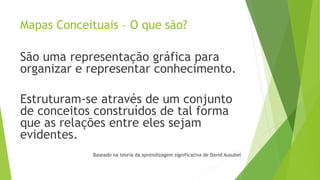 Mapas Conceituais – O que são?
São uma representação gráfica para
organizar e representar conhecimento.
Estruturam-se através de um conjunto
de conceitos construídos de tal forma
que as relações entre eles sejam
evidentes.
Baseado na teoria da aprendizagem significativa de David Ausubel
 