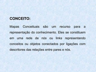 CONCEITO:
Mapas

Conceituais

são

um

recurso

para

a

representação do conhecimento. Eles se constituem
em uma rede de nós ou links representando
conceitos ou objetos conectados por ligações com
descritores das relações entre pares e nós.

 