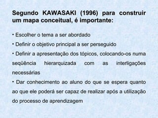 Segundo KAWASAKI (1996) para construir
um mapa conceitual, é importante:
• Escolher o tema a ser abordado
• Definir o objetivo principal a ser perseguido
• Definir a apresentação dos tópicos, colocando-os numa
seqüência

hierarquizada

com

as

interligações

necessárias
• Dar conhecimento ao aluno do que se espera quanto
ao que ele poderá ser capaz de realizar após a utilização
do processo de aprendizagem

 