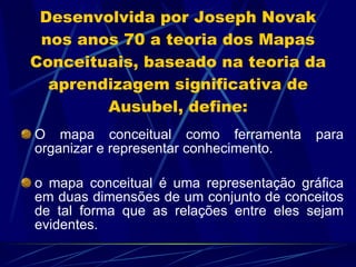 Desenvolvida por Joseph Novak nos anos 70 a teoria dos Mapas Conceituais, baseado na teoria da aprendizagem significativa de Ausubel, define: O mapa conceitual como ferramenta para organizar e representar conhecimento. o mapa conceitual é uma representação gráfica em duas dimensões de um conjunto de conceitos de tal forma que as relações entre eles sejam evidentes. 