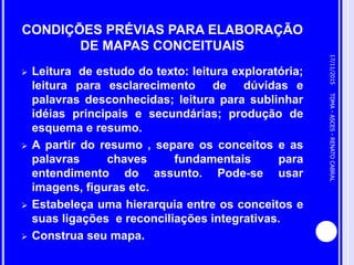 CONDIÇÕES PRÉVIAS PARA ELABORAÇÃO
DE MAPAS CONCEITUAIS
 Leitura de estudo do texto: leitura exploratória;
leitura para esclarecimento de dúvidas e
palavras desconhecidas; leitura para sublinhar
idéias principais e secundárias; produção de
esquema e resumo.
 A partir do resumo , separe os conceitos e as
palavras chaves fundamentais para
entendimento do assunto. Pode-se usar
imagens, figuras etc.
 Estabeleça uma hierarquia entre os conceitos e
suas ligações e reconciliações integrativas.
 Construa seu mapa.
17/11/2015
3
TDMA-ASCES-RENATOCABRAL
 