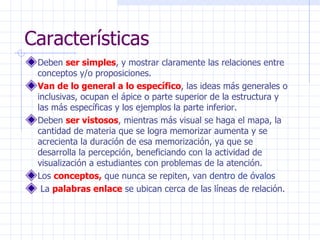 Características Deben  ser simples , y mostrar claramente las relaciones entre conceptos y/o proposiciones.  Van de lo general a lo específico , las ideas más generales o inclusivas, ocupan el ápice o parte superior de la estructura y las más específicas y los ejemplos la parte inferior.  Deben  ser vistosos , mientras más visual se haga el mapa, la cantidad de materia que se logra memorizar aumenta y se acrecienta la duración de esa memorización, ya que se desarrolla la percepción, beneficiando con la actividad de visualización a estudiantes con problemas de la atención.  Los  conceptos,  que nunca se repiten, van  dentro de óvalos  La  palabras enlace  se ubican cerca de las líneas de relación. 