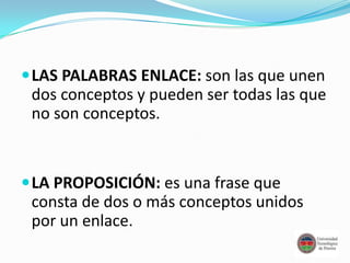  LAS PALABRAS ENLACE: son las que unen
 dos conceptos y pueden ser todas las que
 no son conceptos.


 LA PROPOSICIÓN: es una frase que
 consta de dos o más conceptos unidos
 por un enlace.
 