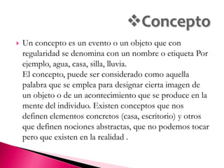 Un concepto es un evento o un objeto que con regularidad se denomina con un nombre o etiqueta Por ejemplo, agua, casa, silla, lluvia.El concepto, puede ser considerado como aquella palabra que se emplea para designar cierta imagen de un objeto o de un acontecimiento que se produce en la mente del individuo. Existen conceptos que nos definen elementos concretos (casa, escritorio) y otros que definen nociones abstractas, que no podemos tocar pero que existen en la realidad .ConceptoSon las preposiciones, las conjunciones, el adverbio y en general todas las palabras que no sean concepto y que se utilizan para relacionar estos y así armar una "proposición" Ej. : para, por, donde, como, entre otras. Las palabras enlace permiten, junto con los conceptos, construir frases u oraciones con significado lógico y hallar la conexión entre conceptos. Palabras de EnlaceUna proposición es dos o más conceptos ligados por palabras enlace en una unidad semántica.ProposiciónEn los mapas conceptuales convencionalmente, no se utilizan las flechas porque la relación entre conceptos esta especificada por las palabras de enlace, se utilizan las líneas para unir los conceptos.. Líneas y Flechas de EnlaceCuando se establece entre dos conceptos ubicados en diferentes segmentos del mapa conceptual, una relación significativa.Las conexiones cruzadas muestran relaciones entre dos segmentos distintos de la jerarquía conceptual que se integran en un solo conocimiento. La representación grafica en el mapa para señalar la existencia de una conexión cruzada es a través de una flecha.Conexiones CruzadasLos conceptos se colocan dentro de la elipse y las palabras enlace se escriben sobre o junto a la línea que une los conceptos.Muchos autores están empleando algunos símbolos para incluir, además de los conceptos y proposiciones, otra información como: actividades, comentarios, dudas, teorías... Elipse u OvaloCOMO CONSTRUIR UN MAPA CONCEPTUAL: