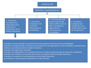INTRODUCCIONPROPOSITO Y VALOR NORMATIVO 1.- Este Marco Conceptual esta relacionado con la preparación y presentación de los estados financieros.2.- Este Marco Conceptual no es una Norma Internacional de Contabilidad.3.- El Consejo del IASC reconoce que puede haber conflicto entre el Marco Conceptual y alguna Norma Internacional de Contabilidad.4.- Este Marco Conceptual será revisado de vez en cuando sobre la base de la experiencia.a) Ayudar al consejo del IASC en el desarrollo de futuras Normas Internacionales de Contabilidad.b) Ayudar al consejo del IASC a promover la armonización de las regulaciones, normas contables y procedimientos relativos a la presentación de los estados financieros. c) Ayudar a los organismos nacionales.d) Ayudar a los elaboradores de los estados financieros al aplicar las Normas Internacionales de Contabilidad.e) Ayudar a los auditores en el proceso de formarse una opinión sobre los estados financieros. f) Ayudar a los usuarios en la interpretación de los estados financieros.g)  Suministrar a todos aquellos interesados en la labor del IASC.
