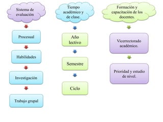 Tiempo         Formación y
 Sistema de
                 académico y   capacitación de los
 evaluación
                   de clase.       docentes.



  Procesual          Año
                    lectivo       Vicerrectorado
                                   académico.

 Habilidades
                  Semestre
                                Prioridad y estudio
Investigación                        de nivel.


                    Ciclo

Trabajo grupal
 