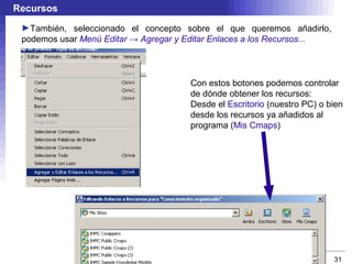 Recursos
 ►También, seleccionado el concepto sobre el que queremos añadirlo,
 podemos usar Menú Editar → Agregar y Editar Enlaces a los Recursos...




                                      Con estos botones podemos controlar
                                      de dónde obtener los recursos:
                                      Desde el Escritorio (nuestro PC) o bien
                                      desde los recursos ya añadidos al
                                      programa (Mis Cmaps)




                                                                          31
 