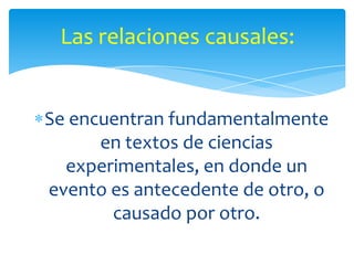 Se encuentran fundamentalmente
en textos de ciencias
experimentales, en donde un
evento es antecedente de otro, o
causado por otro.
Las relaciones causales:
 